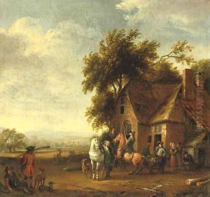 Soldiers resting outside an inn, a hilly landscape beyond by Carel van Falens or Valens