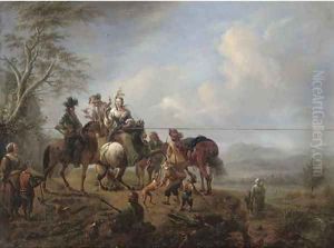 A landscape with a hawking party at rest on a track