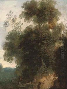A wooded landscape with hunters and their dogs by Cornelis Hendricksz. The Younger Vroom