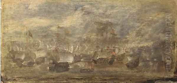 A small naval battle off the coast of a fortified town - view 1
