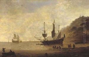 A man-o'-war at anchor before a hilly coast with figures in the foreground and shipping beyond by Dirck Verhaert