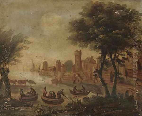A riverside town with anglers in boats - view 1