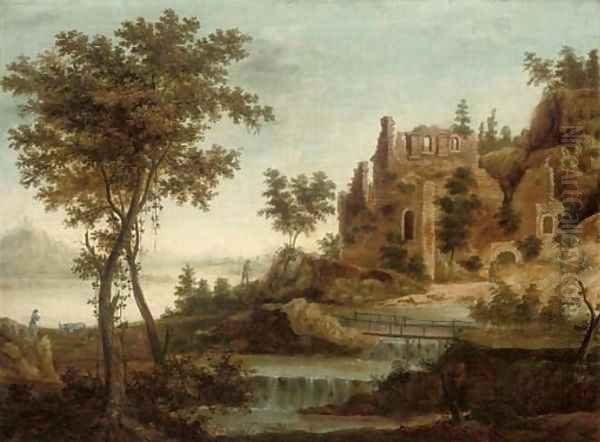 A river landscape with figures and ruins by a waterfall - view 1