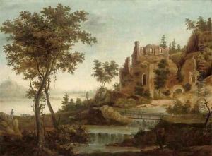 A river landscape with figures and ruins by a waterfall by Dirck Verhaert