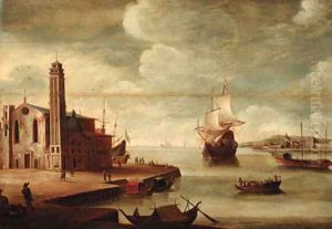 An Italianate harbour with a church on a quayside by Dirck Verhaert