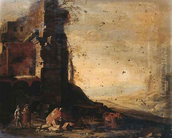 Travellers by classical ruins in an Italianate landscape - view 1