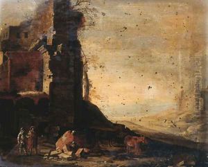 Travellers by classical ruins in an Italianate landscape by Dirck Verhaert
