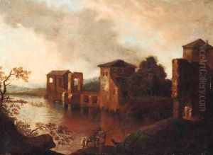 Travellers on a track before a fortified town; and Figures on a lakeshore by a town by Dirck Verhaert