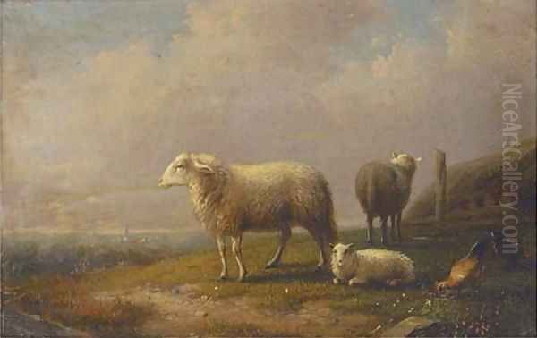Sheep and chickens in a meadow, a town beyond - view 1