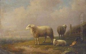 Sheep and chickens in a meadow, a town beyond by Francois Vandeverdonck