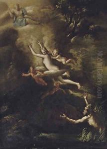 Glaucus fleeing from Skylla, the Goddess Diana looking down from above by Nicola Vaccaro