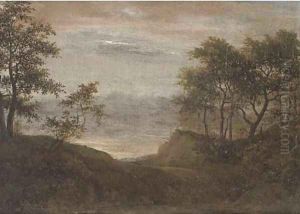 A wooded landscape with a path by Cornelis Hendricksz. The Younger Vroom