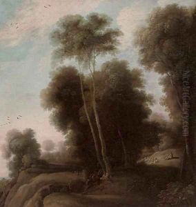 A wooded landscape with a shepherd and his flock on a track by Cornelis Hendricksz. The Younger Vroom