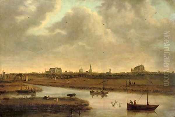 A view of Leiden with figures in boats in the foreground - view 1