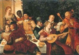A merry company seated around a table in a garden