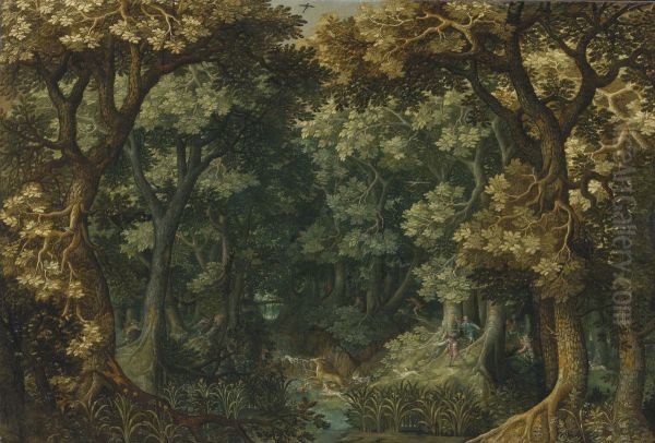A wooded landscape with a stag hunt - view 1