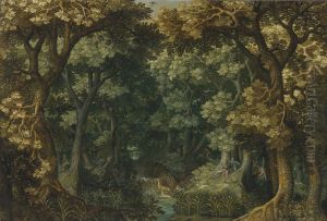 A wooded landscape with a stag hunt by David Vinckboons I