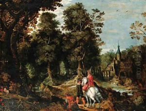 A wooded River Landscape with Sportsmen near a Castle by David Vinckboons I