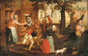 An innkeeper and his wife driving out a family