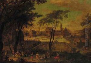 Elegant company merry making in the garden of a Renaissance palace