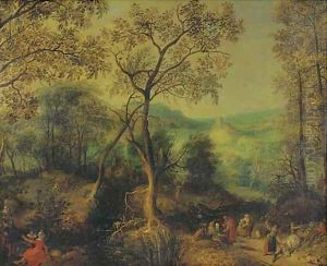 A wooded landscape with peasants returning from a market and an elegant couple making merry nearby