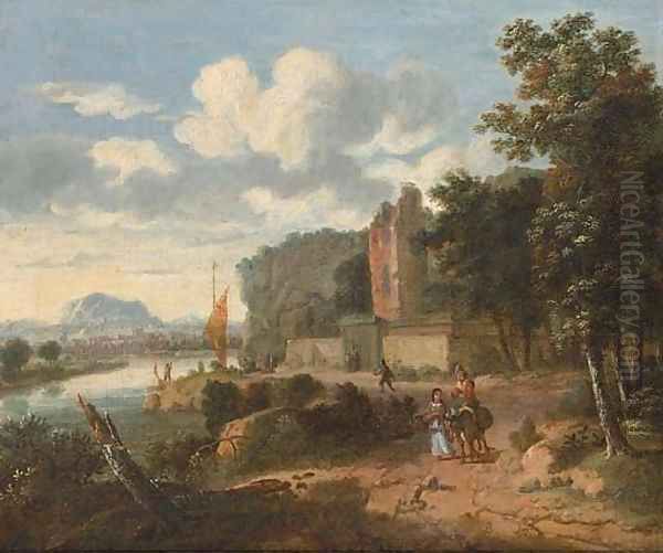 An extensive river landscape with figures on a track, ruins and a town beyond - view 1