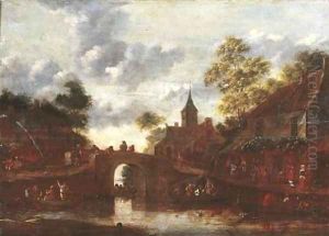 A village landscape with figures in rowing boats on a river