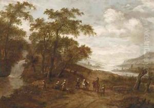 A wooded landscape with travellers by a waterfall, a river valley beyond