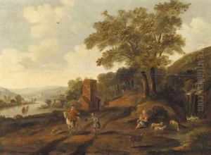 Travellers on a road by a waterfall, a rivervalley beyond