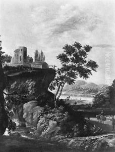 Travellers on a path near a torrent, a monastery on a cliff and a valley beyond