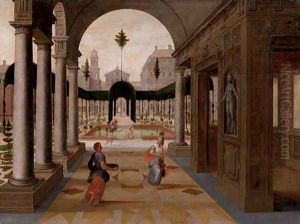 A capriccio of a palace courtyard with figures in the foreground and others bathing in an ornamental garden beyond