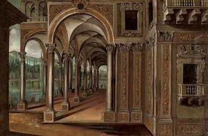 A capriccio of a lakeside palace with elegant company