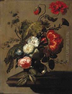 A peony, poppies, a rose, snowballs, an anemone and forget-me-nots in a glass vase on a stone ledge