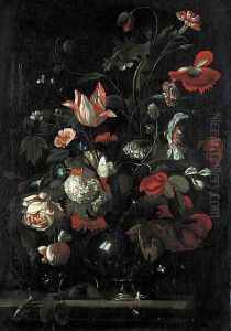 Roses, tulips, carnations and other flowers in a glass vas on a stone ledge by Simon Pietersz. Verelst