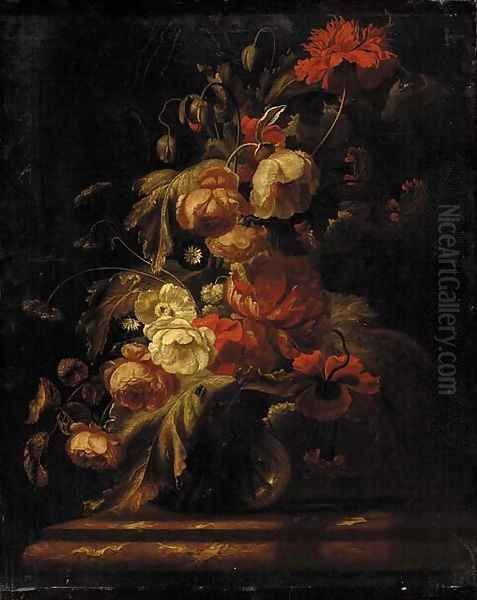 Roses, carnations, peonies, morning glories and other flowers in a vase on a marble tabletop - view 1