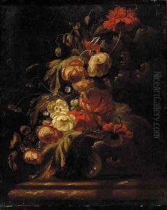 Roses, carnations, peonies, morning glories and other flowers in a vase on a marble tabletop
