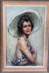 A Portrait Of A Young Woman Wearing A Bathing Costume And A Broad-brimmed White Hat