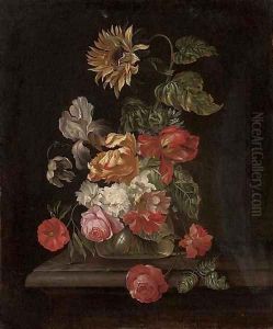 Roses, parrot tulips, an iris, anemones and a sunflower in a glass vase on a stone ledge by Simon Pietersz. Verelst