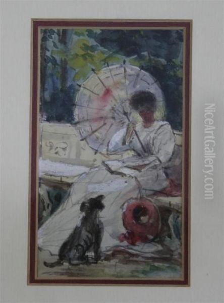 Sketch Of A Woman And Dog On A Terrace - view 1