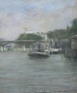 Paddle Boat On A River With Bridge Inbackground Paddle Boat On A River With Bridge Inbackground