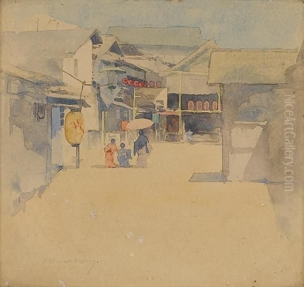 A Mother And Her Two Children On A Japanese Street - view 1