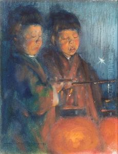 Japanese Children Holding Paper Lanterns; A Japanese Child, A Pair by Mortimer Luddington Mempes