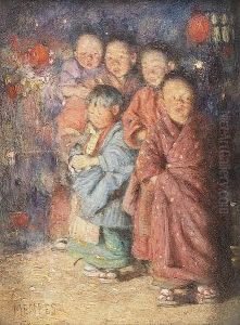 Japanese Children By Firelight by Mortimer Luddington Mempes