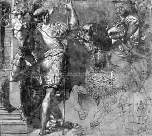 A Warrior On A Horseback And Two Standing Soldiers by Perino Del Vaga (Pietro Bonaccors