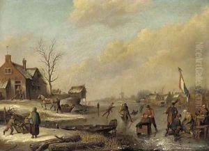 A frozen river with townsfolk skating and sledging