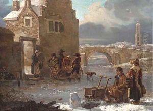 A winter landscape with figures fishing on a frozen river