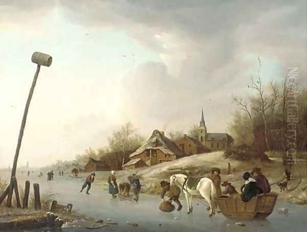 A winter landscape with skaters and a cart on a frozen river near a village - view 1