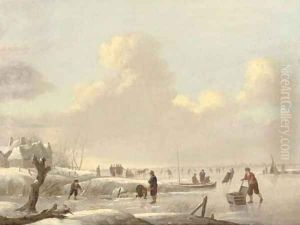 A winter landscape with skaters on a frozen river, a tent and a town beyond by Andries Vermeulen