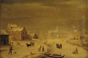 A winter landscape with burghers by a frozen river, a town beyond