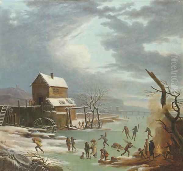 A winter landscape with skaters on a frozen canal, a house with a watermill nearby - view 1